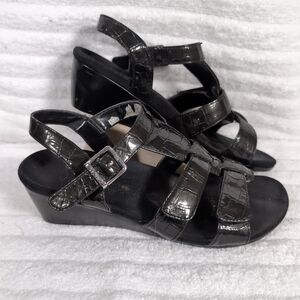 Vionic Sandals Womens 7 Glenda Black Croc Wedge Comfort Arch Support Shoes